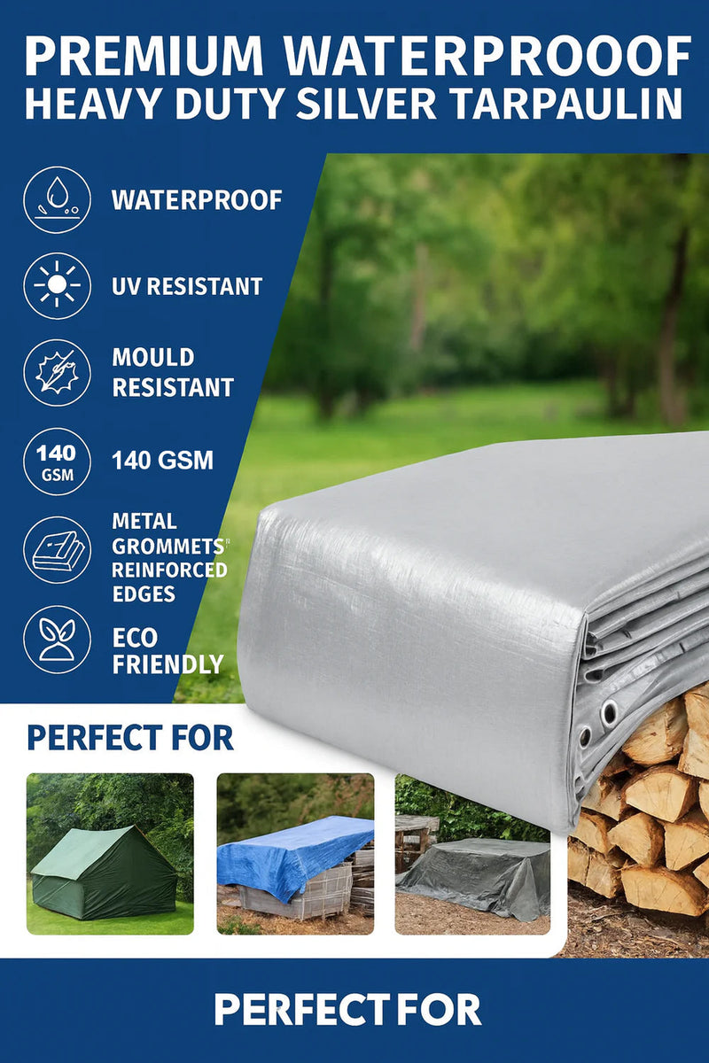 Heavy Duty Silver Tarpaulin 140gsm – Premium Waterproof, UV & Tear Resistant Tarp Sheet with Reinforced Edges and Metal Eyelets