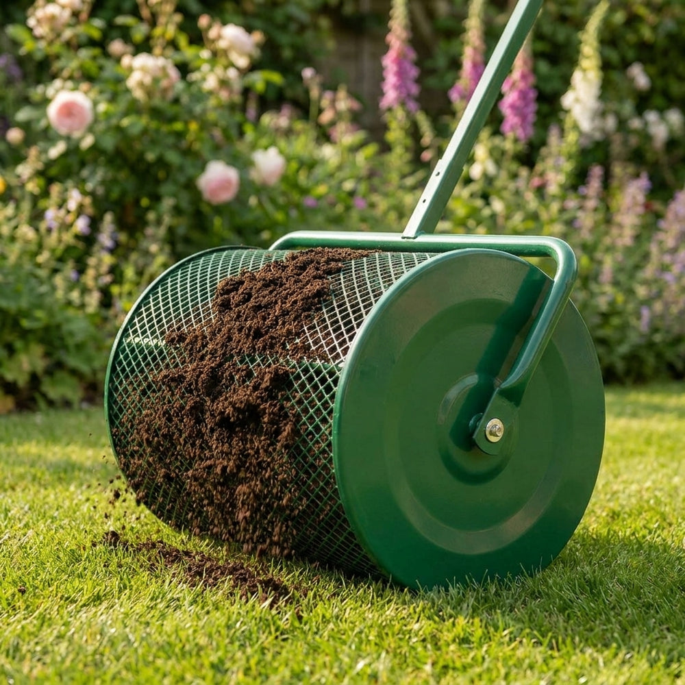 Compost Spreader with Peat Moss - Green Garden Tool - detail view