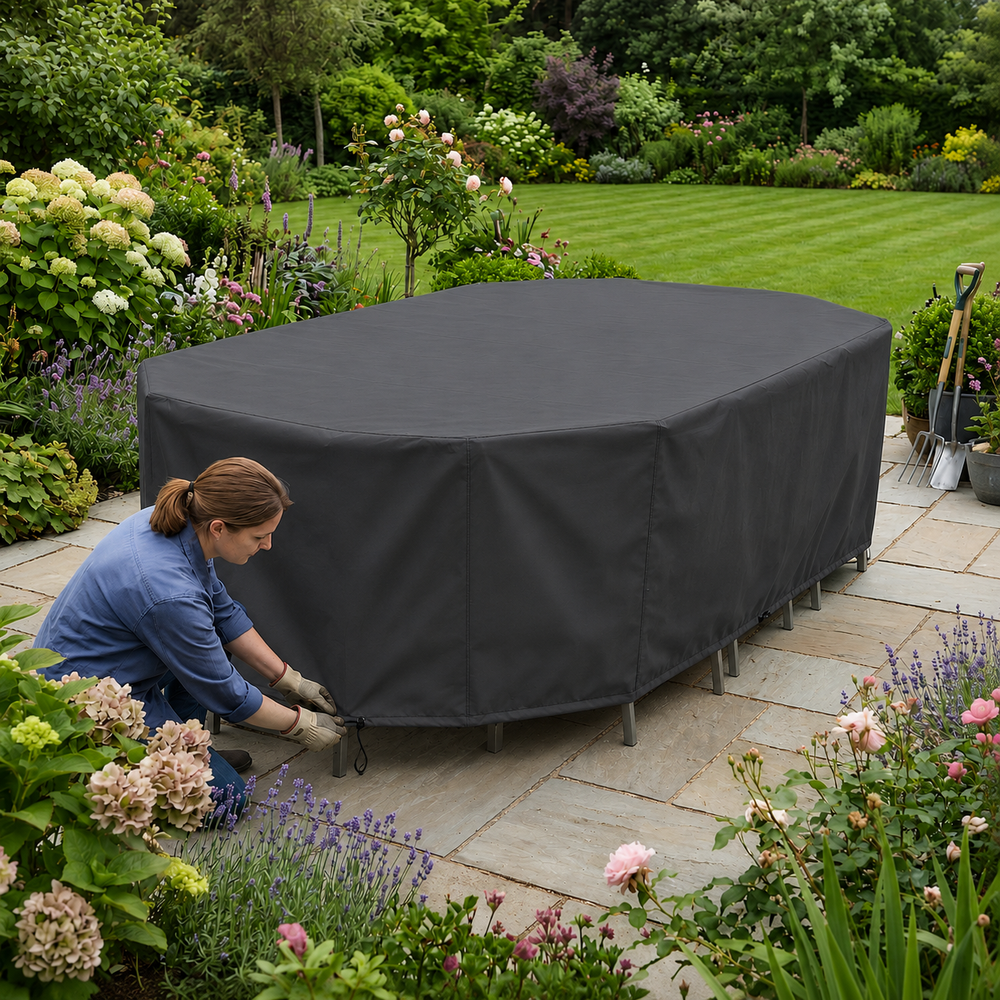 Rectangular Patio Set Cover – 10 Seat – Charcoal Polyester – Outdoor Protection