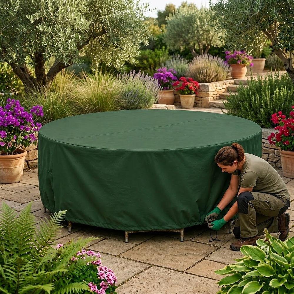 Circular Patio Set Cover – 8 Seat – Green Polyester – Weather Protection
