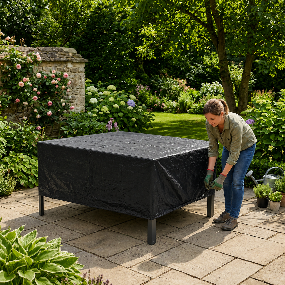 Heavy Duty 4 Seater Rectangular Table Cover – Black – Waterproof Protection – Outdoor Use