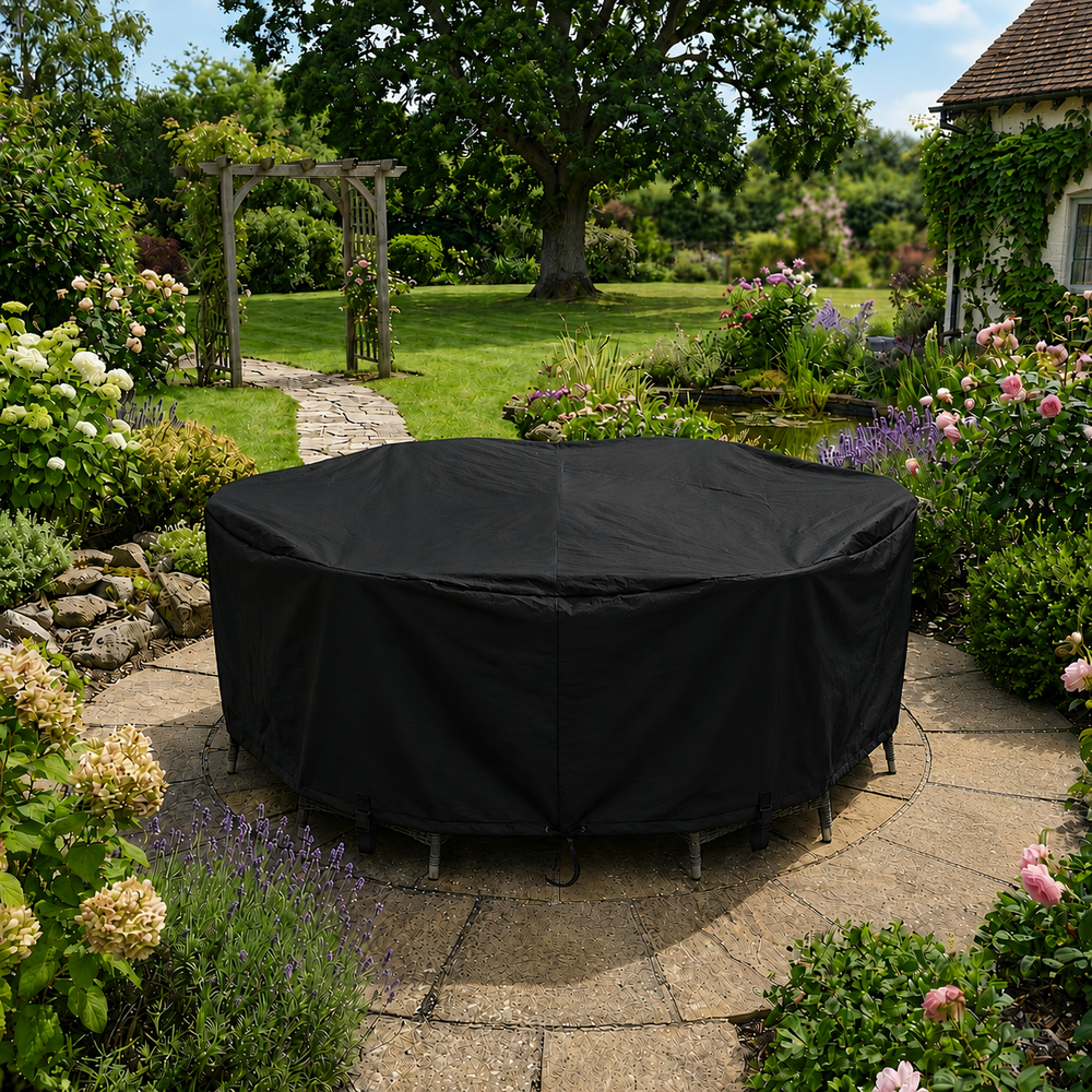 Round Furniture Set Cover – 6 Seater Black – Heavy Duty Waterproof – Garden Protection