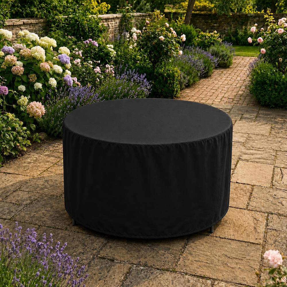 Circular Table Cover – 128cm Black – Heavy Duty PVC – Garden Furniture Protection