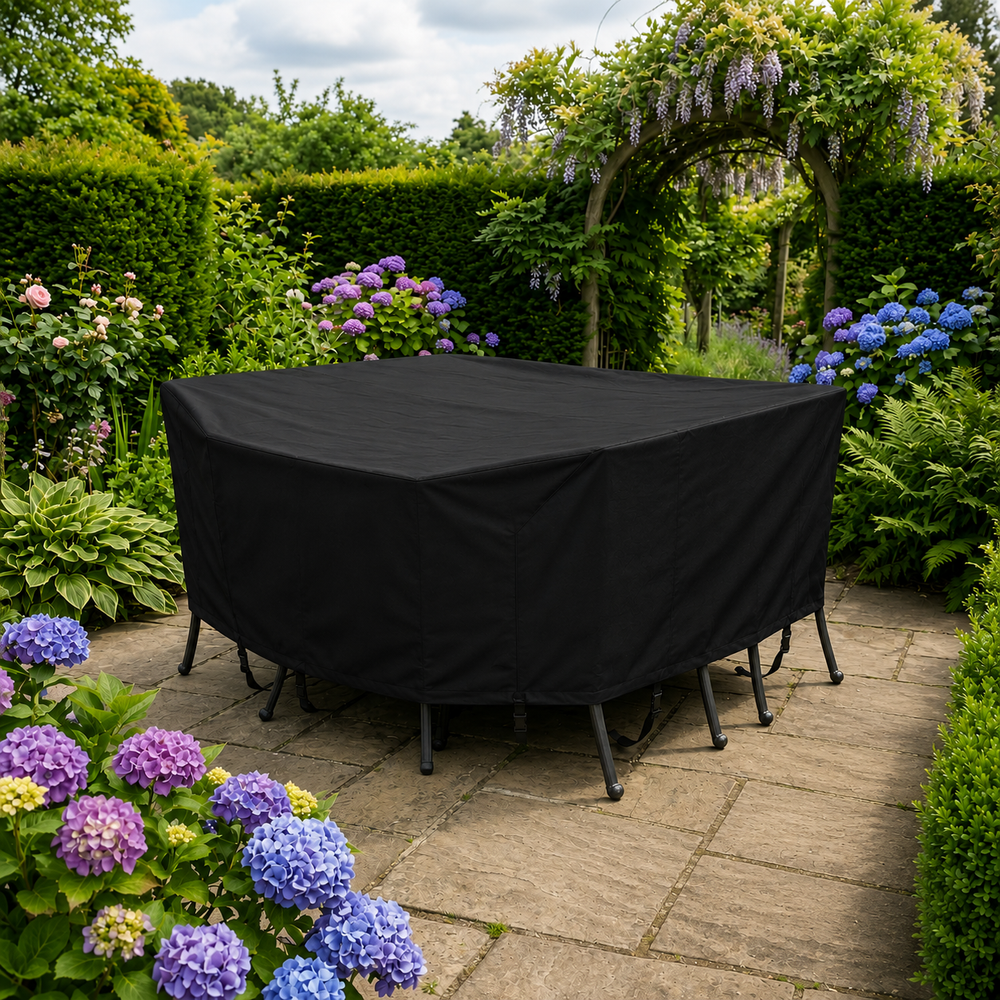 Heavy Duty 4 Seater Rectangular Furniture Cover – Black – Polyethylene – Outdoor Dining Protection