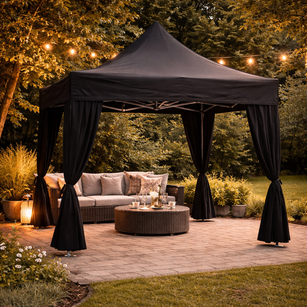 3m x 3m Heavy Duty Pop Up Gazebo with Decorative Curtains – Waterproof Outdoor Event Shelter (Black)