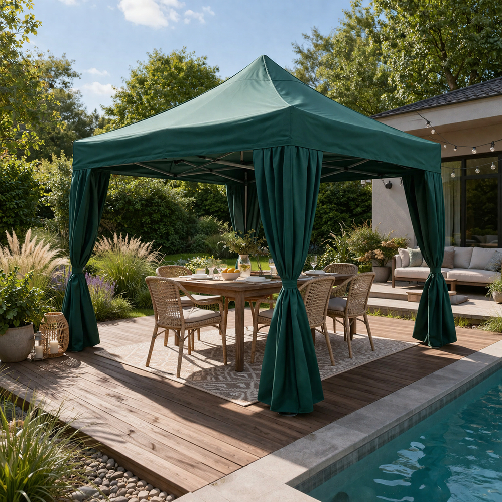 3m x 3m Pop Up Gazebo with Sidewalls – Heavy Duty Waterproof Garden Marquee Tent with Curtains, Folding Frame, Green Outdoor Shelter