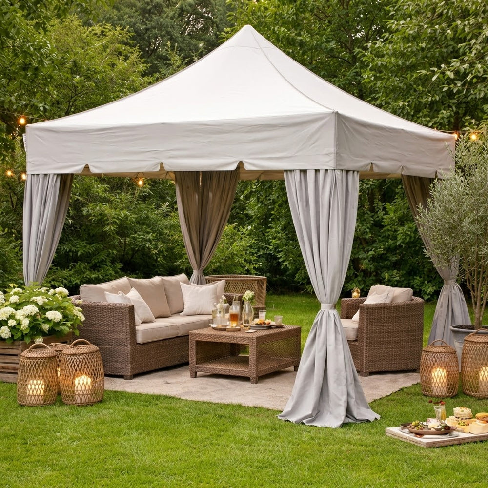 3x3m Premium Peaked Roof Pop-Up Gazebo with 4 Decorative Curtains | Latte Cream Waterproof Canopy