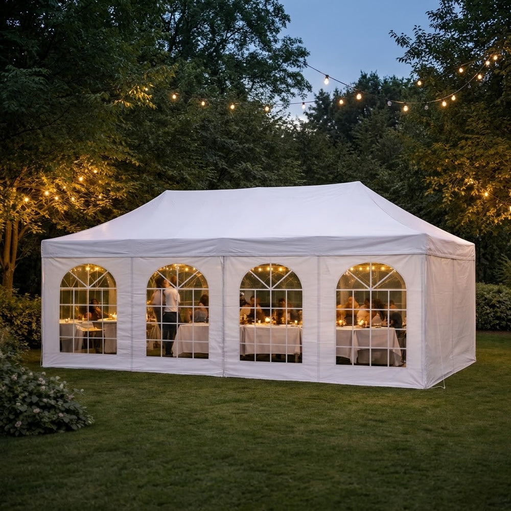 3x6m Heavy-Duty Aluminium Vintage-Style Pop-Up Gazebo with 6 Sidewalls – White