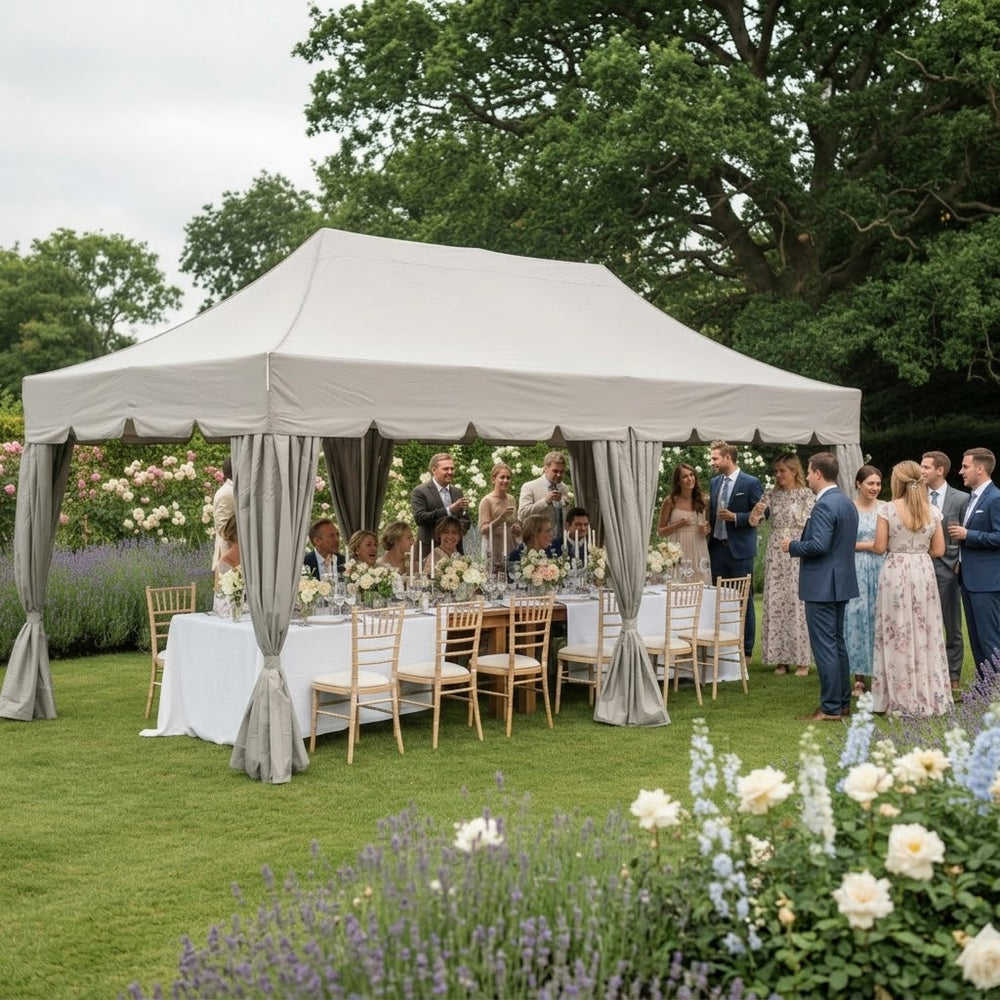 3x6m Latte Peaked Pop-Up Gazebo Curved Valance 6 Decorative Curtains Elegant Event Tent