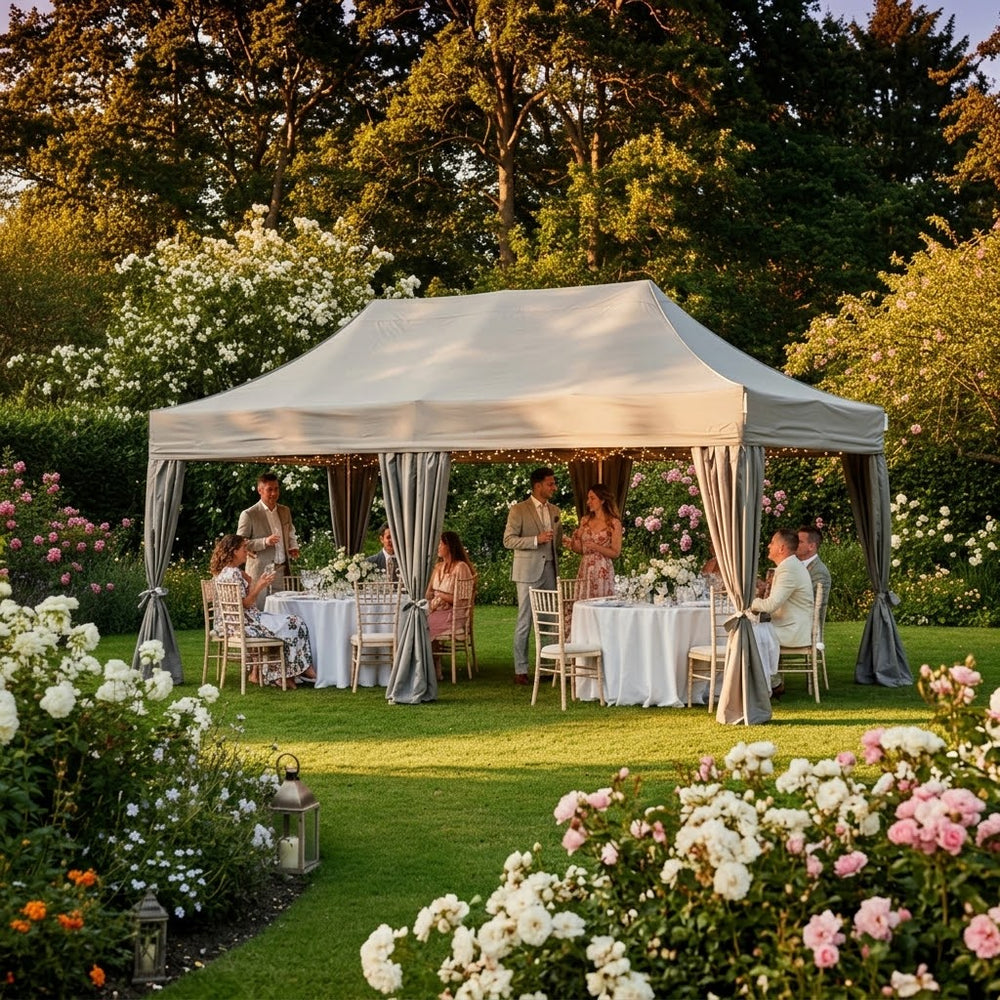 3x6m Latte Pop-Up Gazebo with 6 Decorative Curtains - Waterproof Aluminium Event Shelter