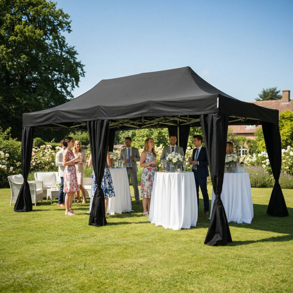 3x6m Professional Pop-Up Gazebo with 6 Decorative Curtains | Black