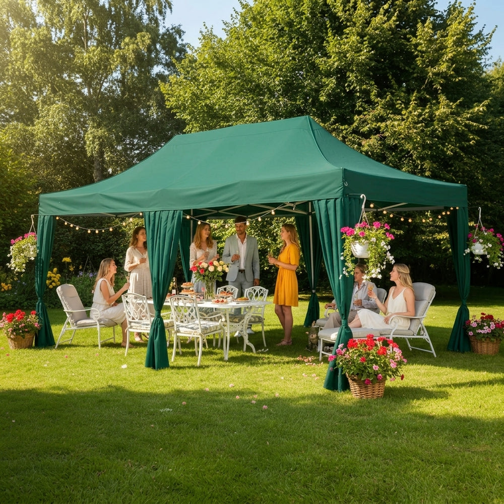 3x6m Professional Pop-Up Gazebo with 6 Decorative Curtains | Green
