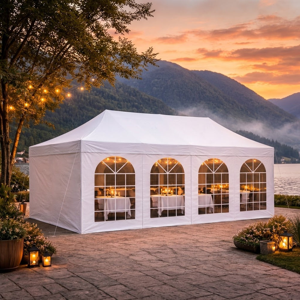 3x6m Professional Vintage-Style Pop-Up Gazebo Marquee with 6 Sidewalls – White
