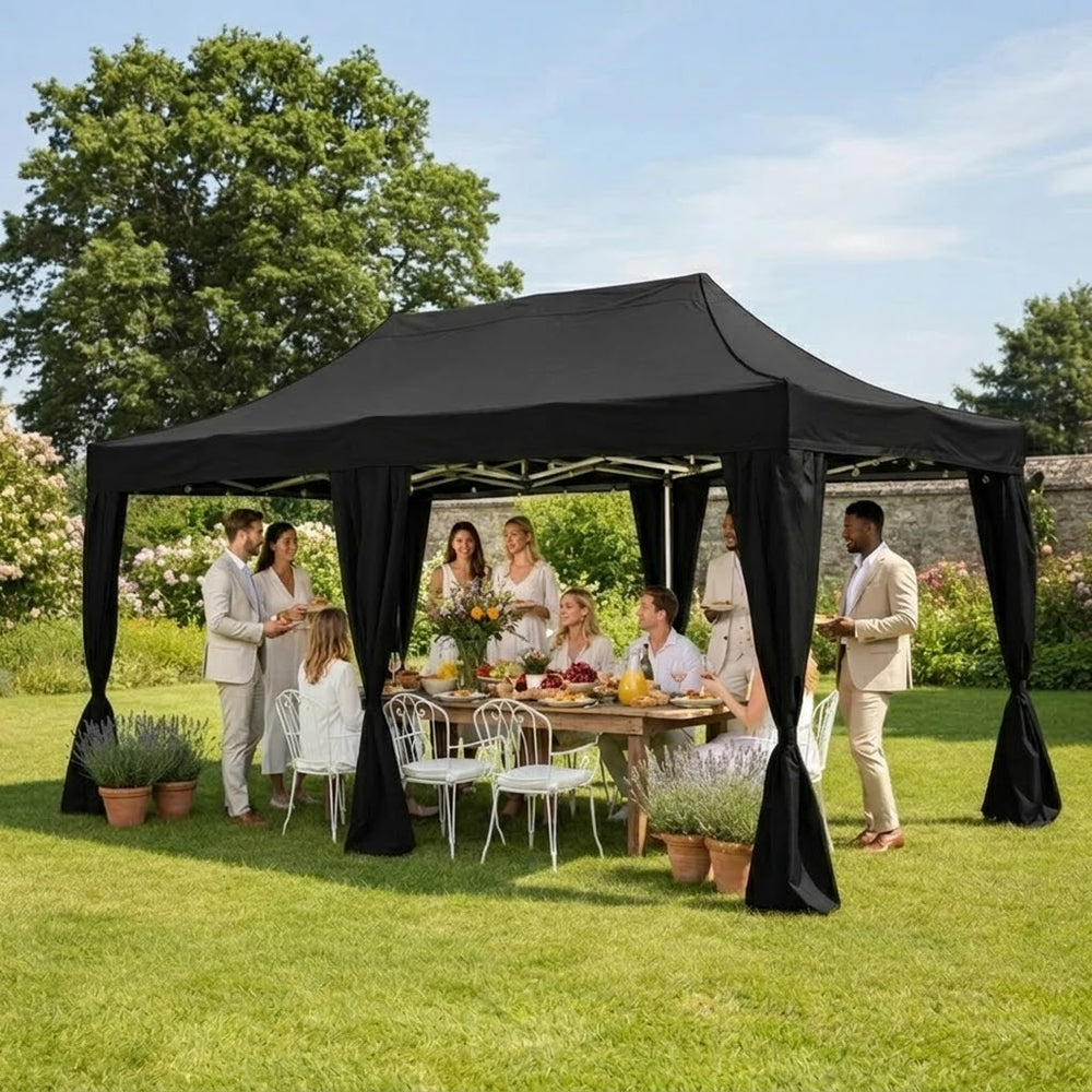 3x6m Steel Frame Pop-Up Gazebo with 6 Decorative Curtains | Black