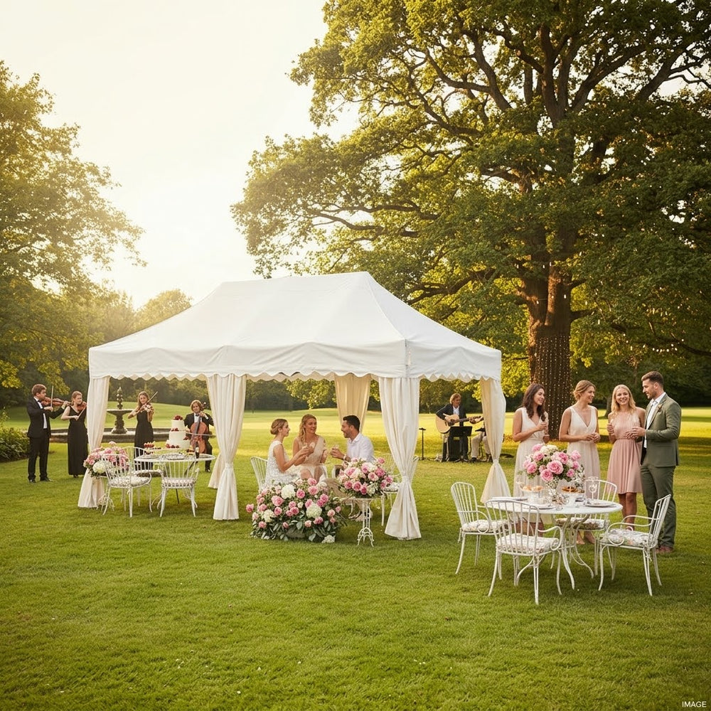 3x6m Wave Curved Roof Pop-Up Gazebo with 6 Decorative Curtains | White