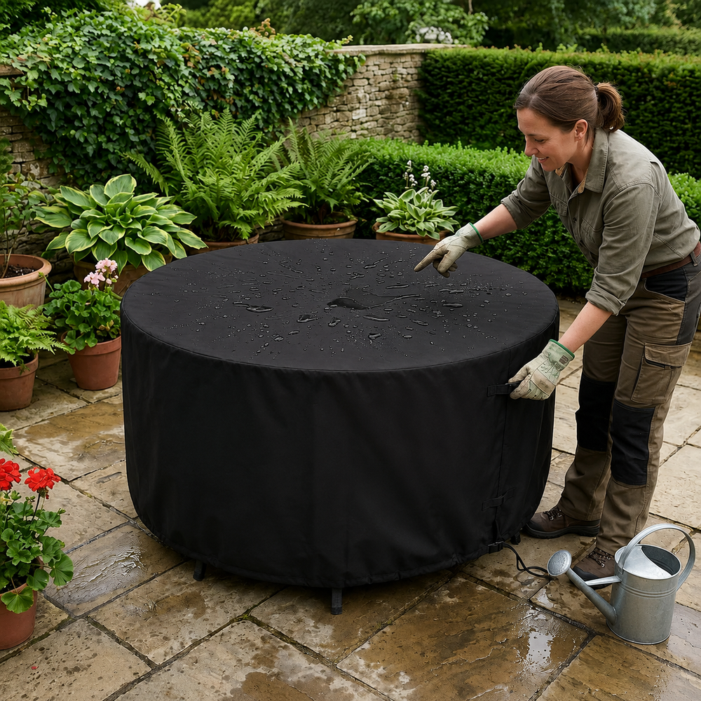 Circular Table Cover – 107cm Black – Heavy Duty PVC – Outdoor Furniture Protection