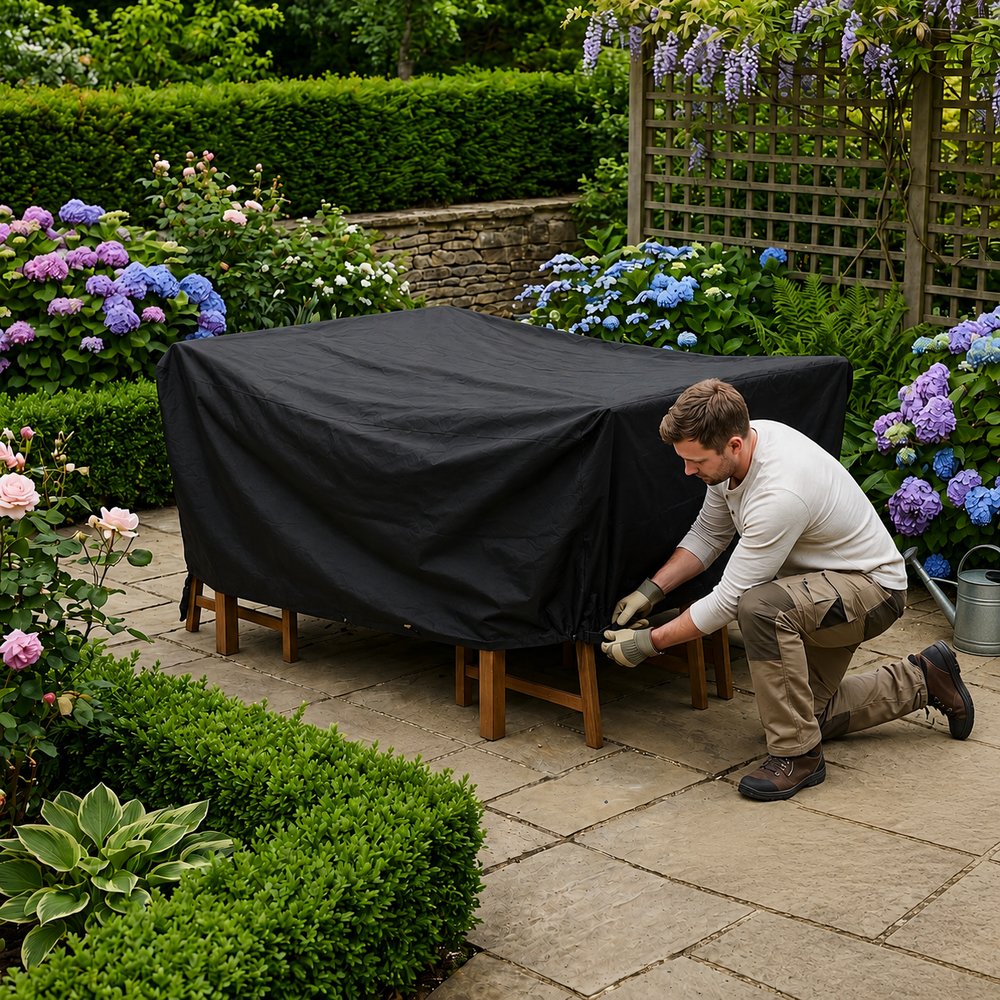 Heavy Duty 4 Seater Rectangular Furniture Cover – Black – Polyethylene – Outdoor Dining Protection