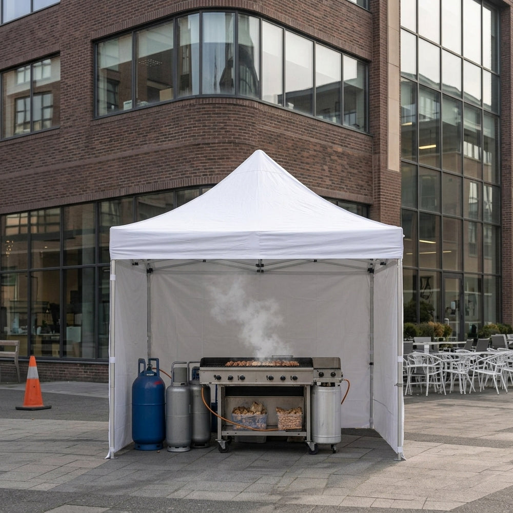 4x4m Flame Retardant Pop Up Gazebo with 4 Sidewalls | Complete Enclosed White Event Shelter