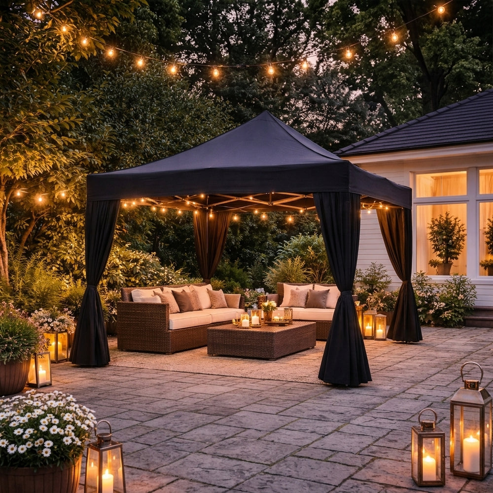 4x4m Heavy-Duty Steel Pop-Up Gazebo with 4 Decorative Curtains – Black