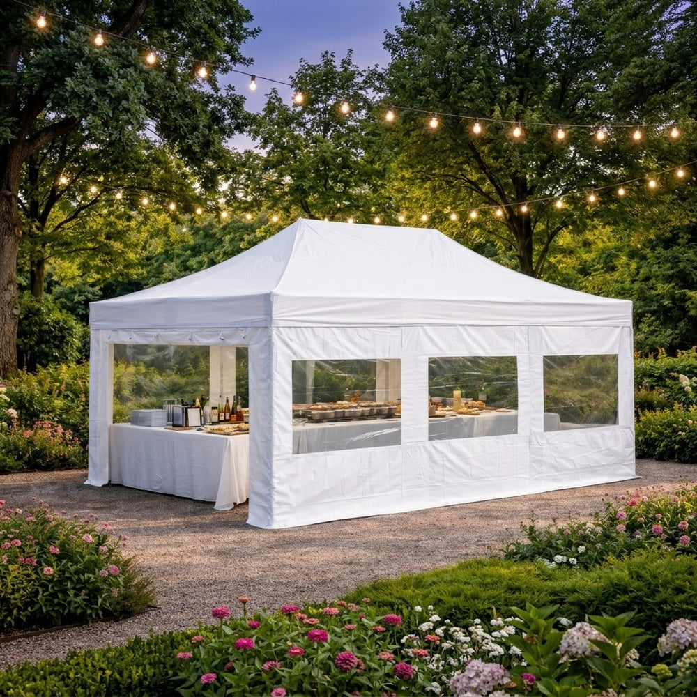4x6m Flame Retardant Pop Up Gazebo with 8 Sidewalls | White Fire-Certified Event Shelter