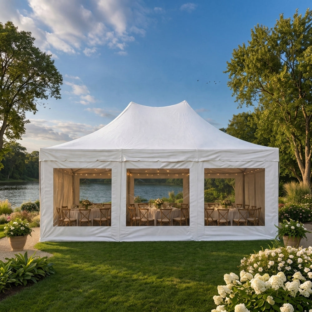 4x6m Peak Pagoda Pop Up Gazebo with 8 Sidewalls | Premium White Oriental Style Event Shelter