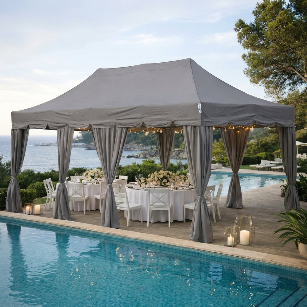4x6m Peaked Pop Up Gazebo with 8 Decorative Curtains | Latte Event Shelter with Peaked Roof