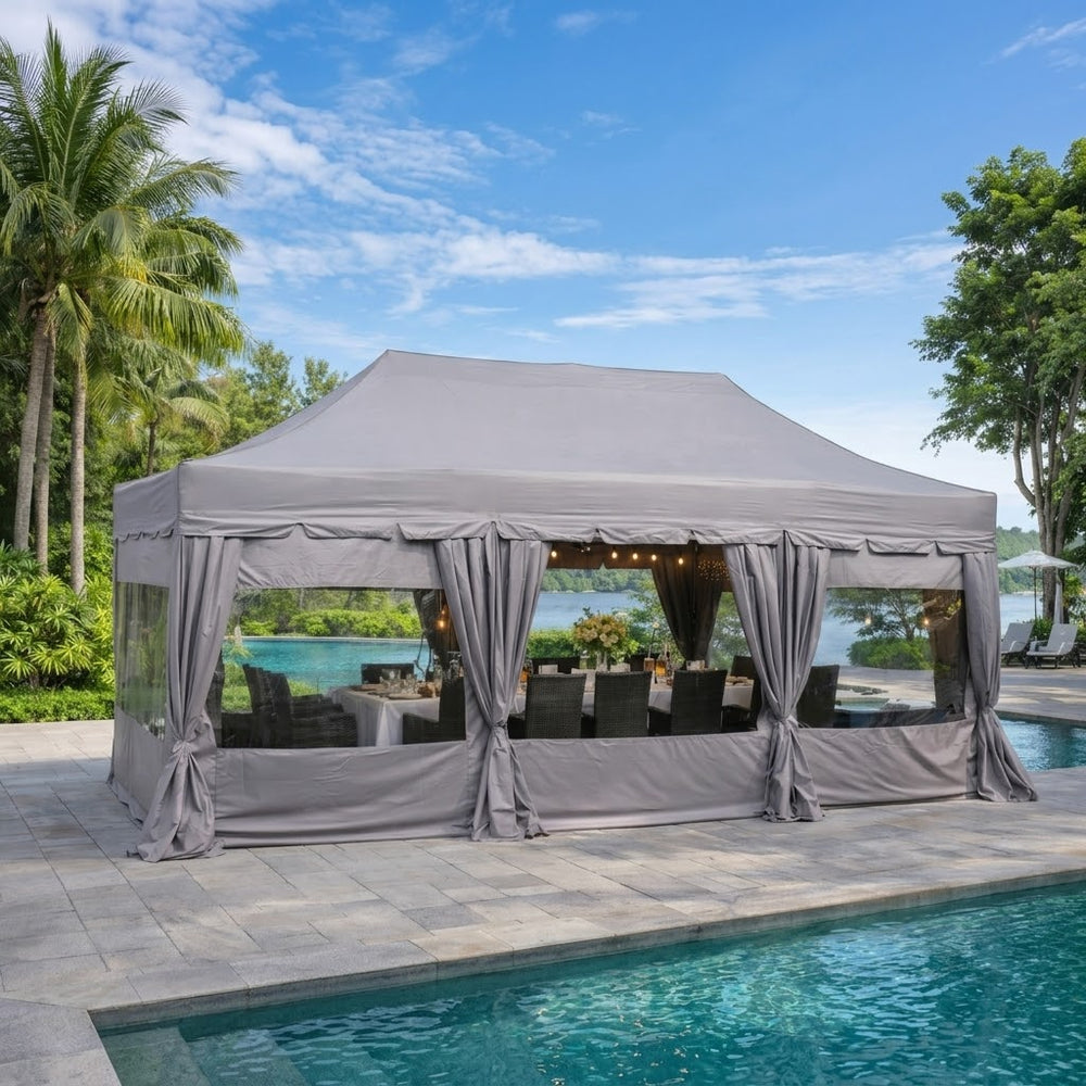 4x6m Peaked Pop Up Gazebo with 8 Sidewalls & Decorative Curtains | Latte Complete Set