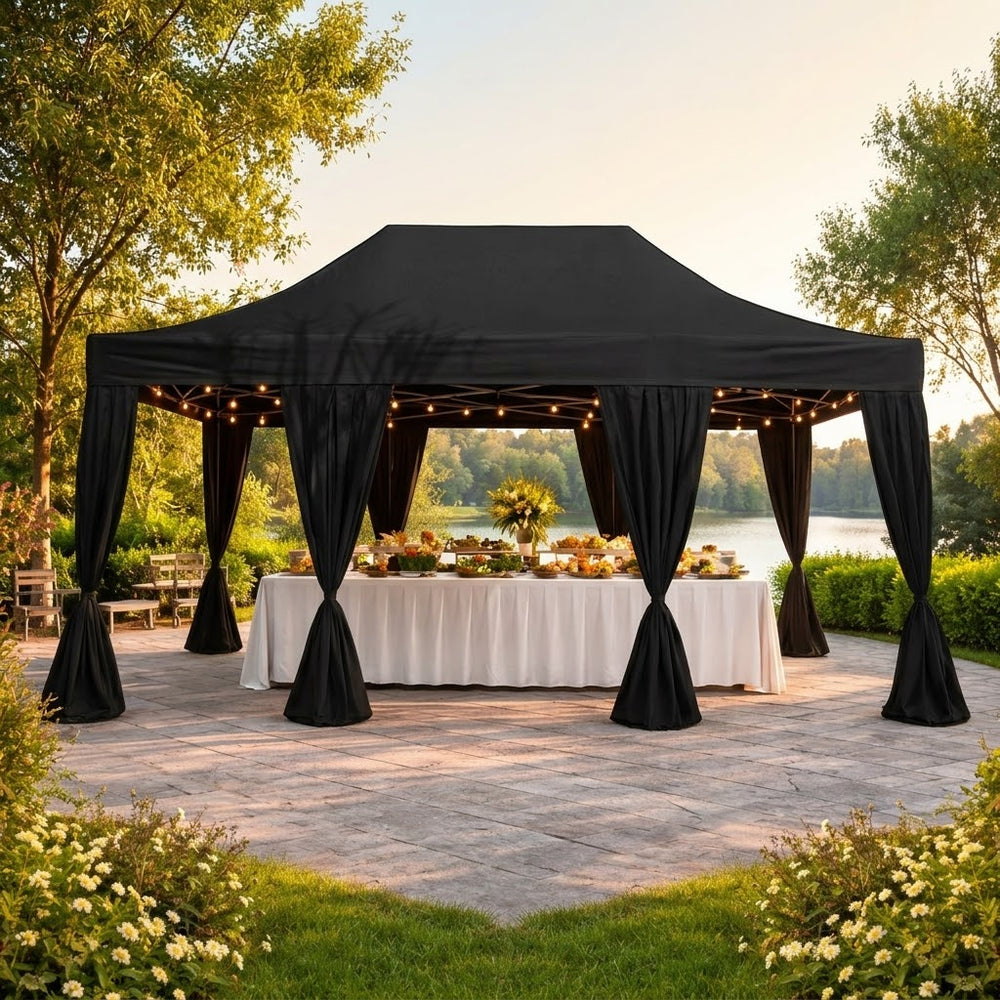 4x6m Steel Frame Pop Up Gazebo with 8 Decorative Curtains | Black Heavy Duty Canopy