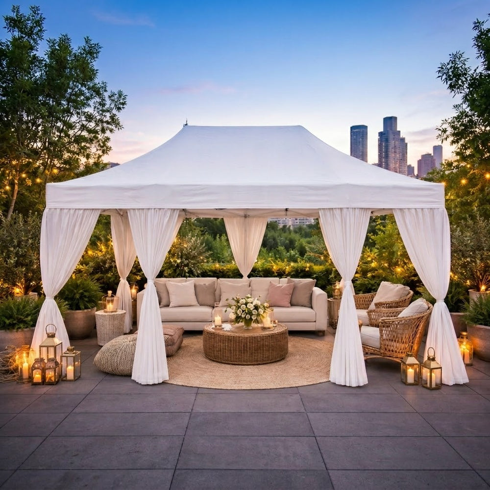4x6m Steel Frame Pop Up Gazebo with 8 Decorative Curtains | White Heavy Duty Canopy