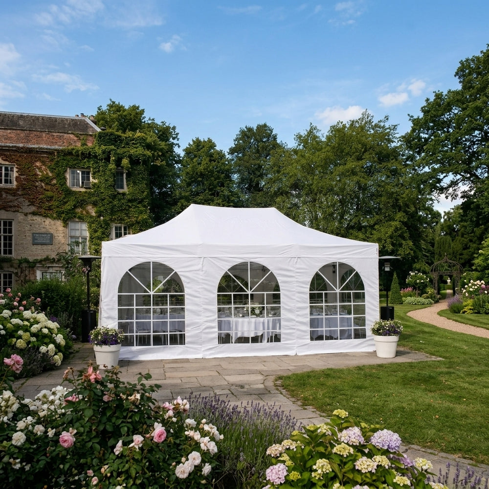 4x6m Vintage Style Pop Up Gazebo with 8 Sidewalls | Elegant White Party & Wedding Tent