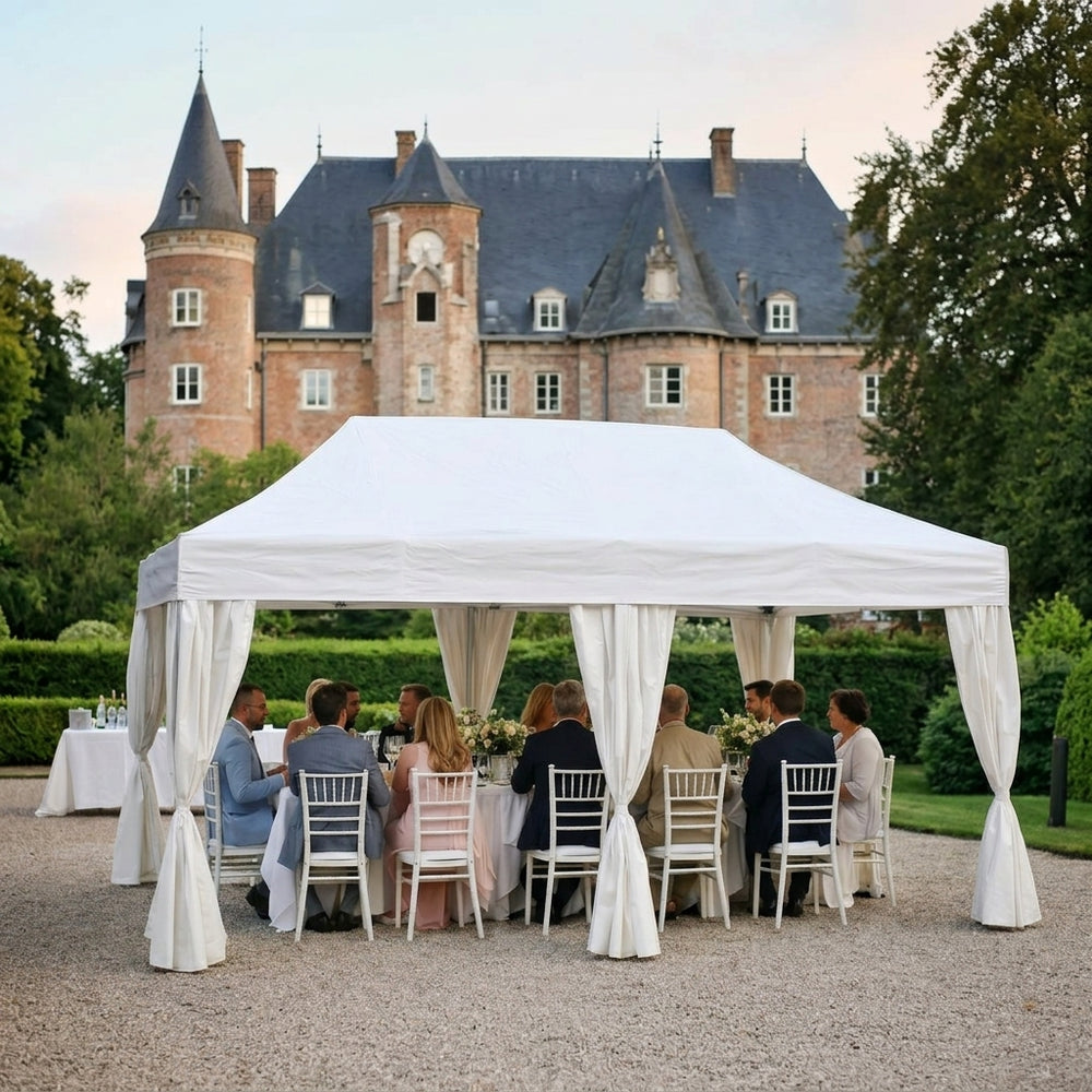 4x8m Heavy Duty Steel Frame Pop Up Gazebo with 6 Decorative Curtains | White Marquee