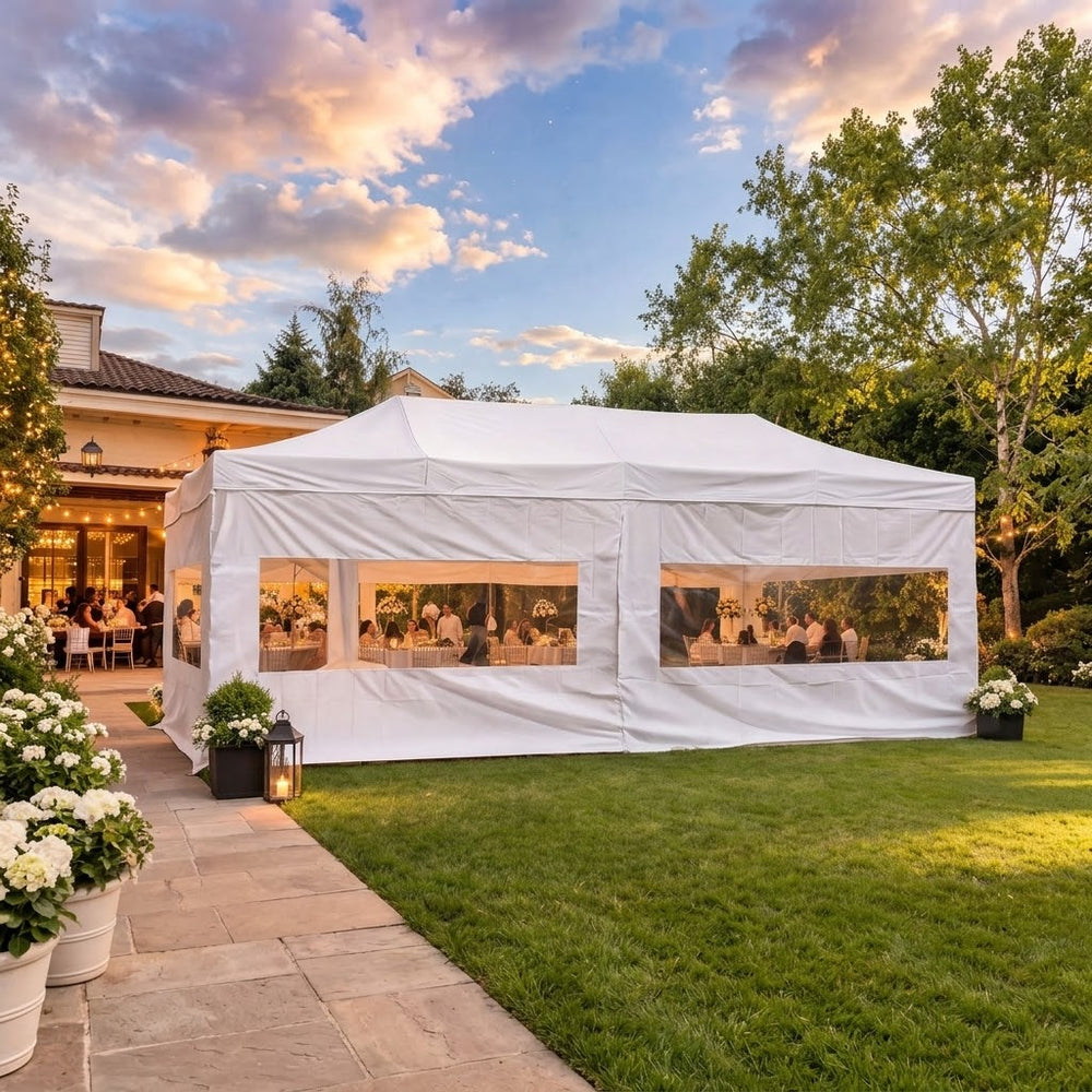 4x8m Heavy Duty Steel Frame Pop Up Gazebo with 6 Sidewalls | White Commercial Marquee