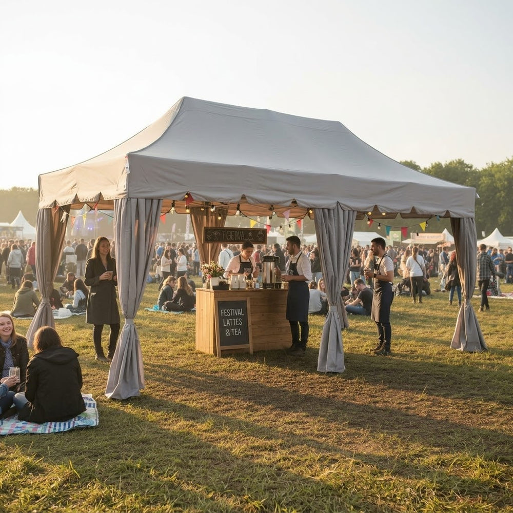 4x8m Latte Peaked Pop-Up Gazebo with 6 Decorative Curtains Large Stylish Event Gazebo