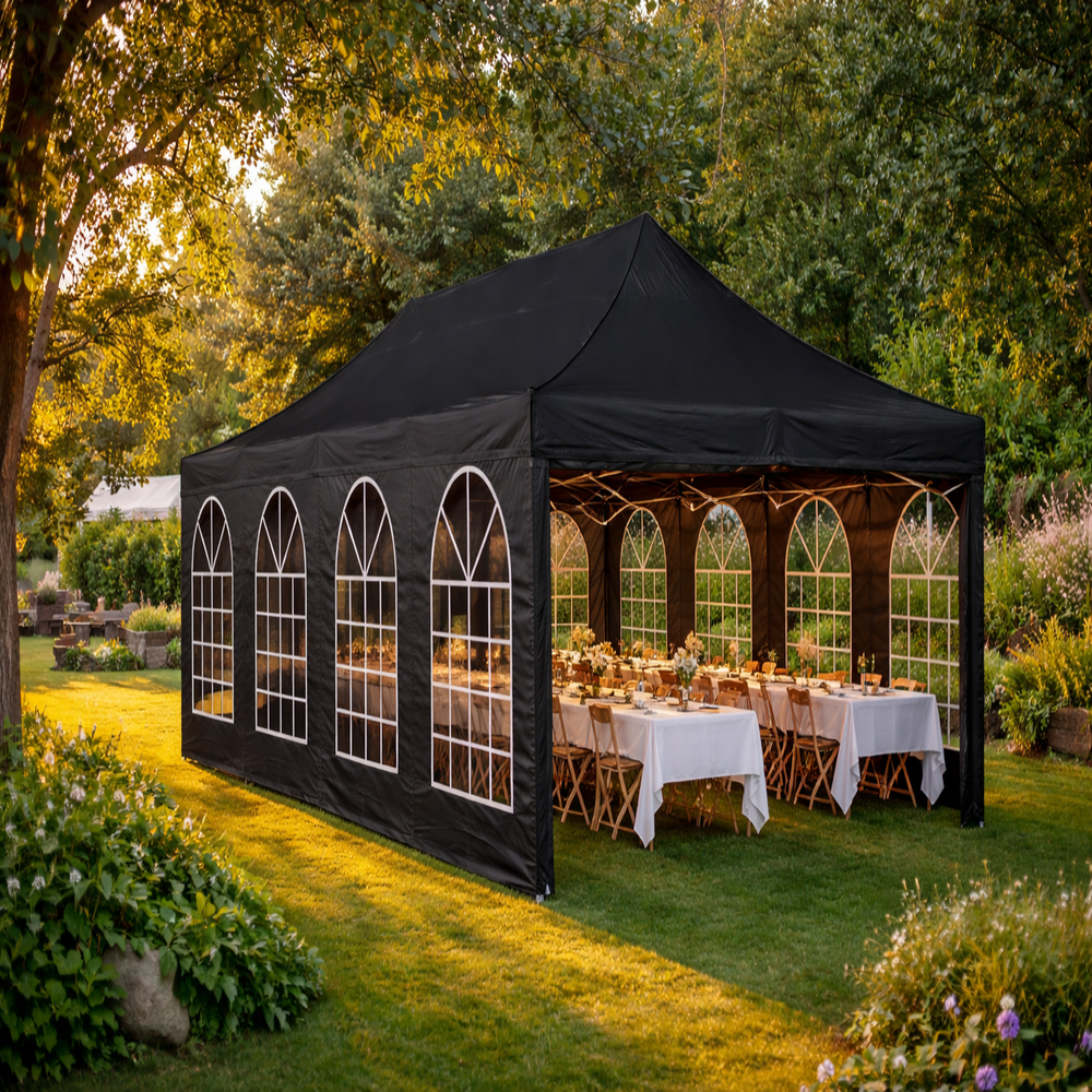 4x8m Pop Up Gazebo – Steel Frame | Black + 4 Side Panels