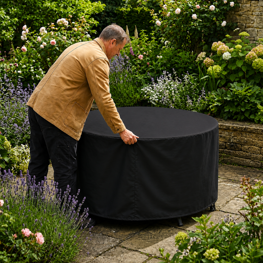 Circular Table Cover – 128cm Black – Heavy Duty PVC – Garden Furniture Protection