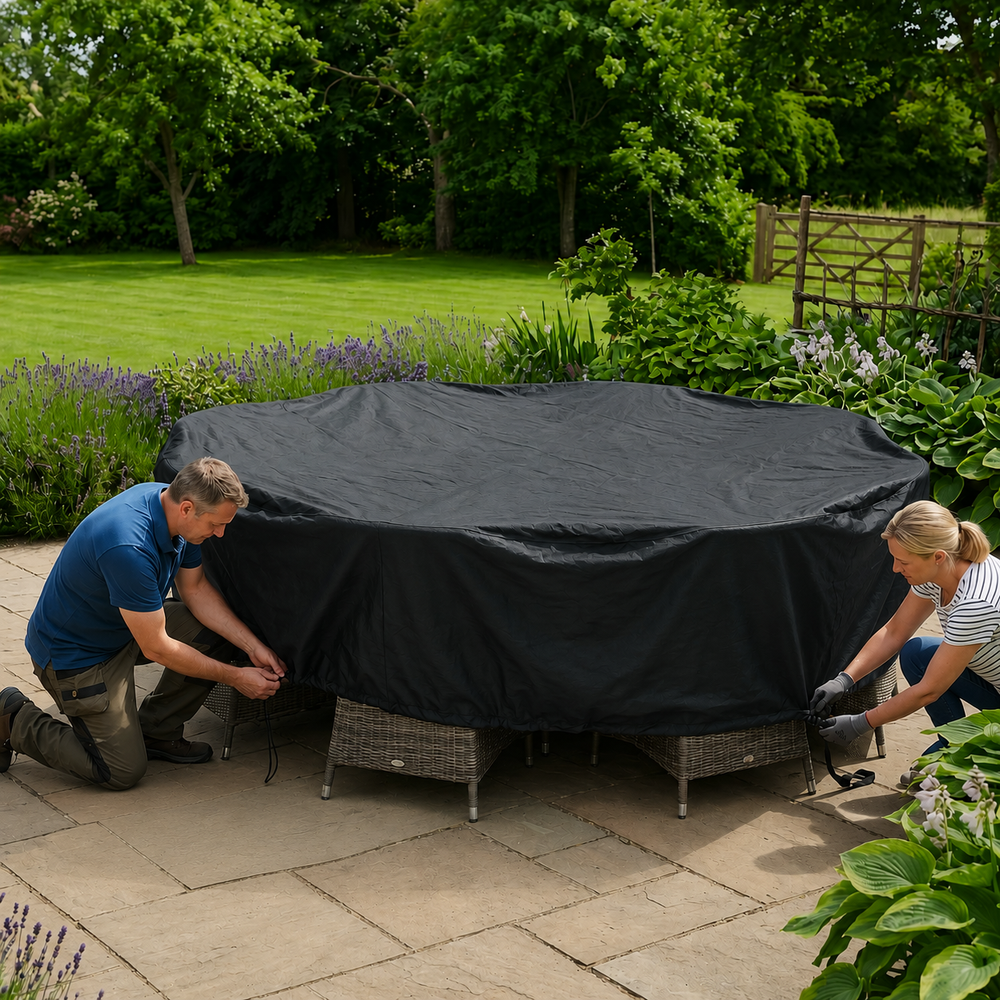 Heavy Duty 6-8 Seater Round Furniture Cover – Black – Polyethylene – Outdoor Protection
