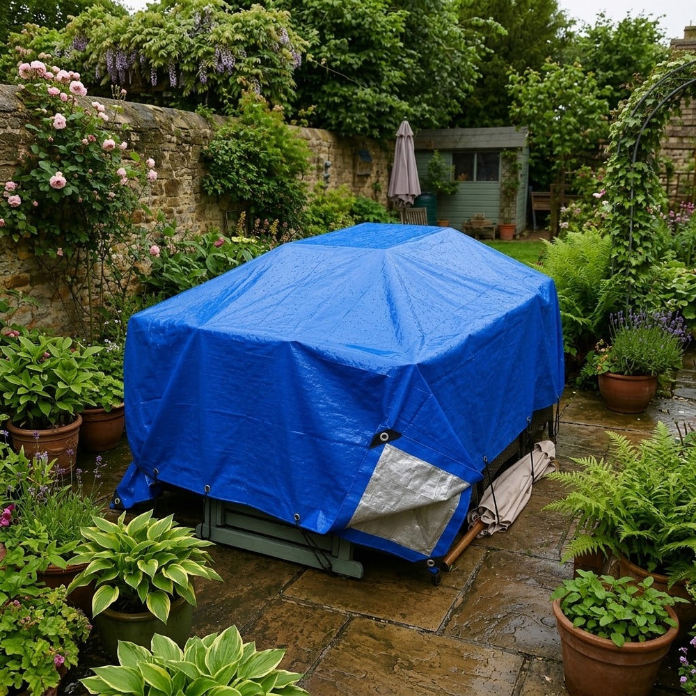 Heavy Duty Waterproof Tarpaulin Sheet 110GSM Blue, Silver PE Tarp Cover with Reinforced Grommets UV Resistant & Tear Proof Outdoor Cover for Garden Furniture Camping Shelter & Protection