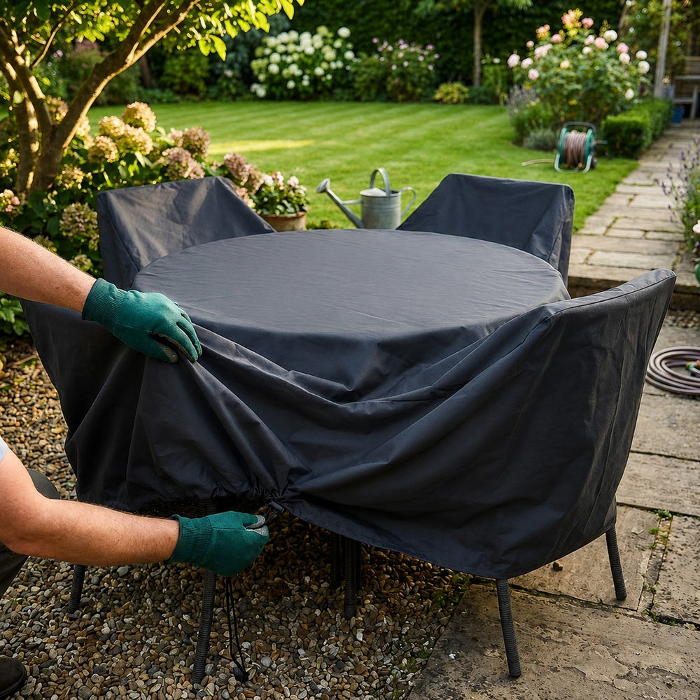 Round Furniture Set Cover – 4-6 Seater Black – Heavy Duty Protection – Garden Use