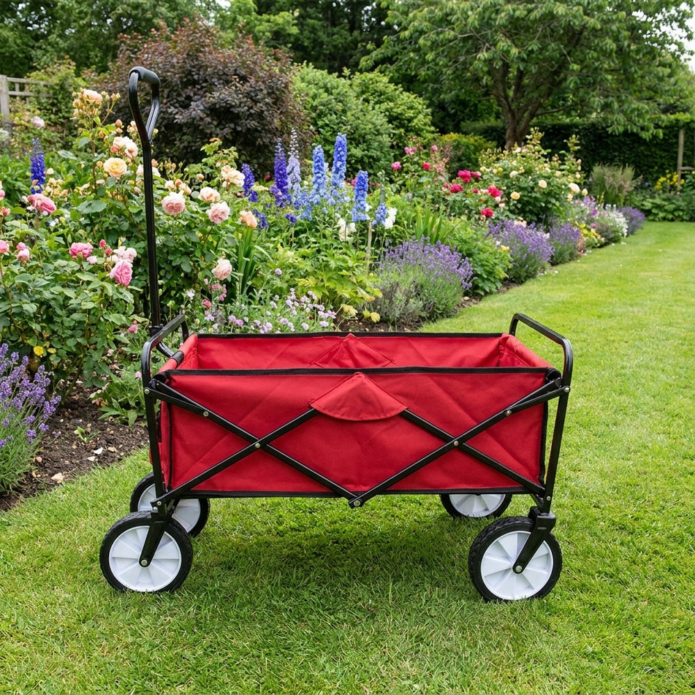 Red Foldable Garden Trolley for Easy Outdoor Transport