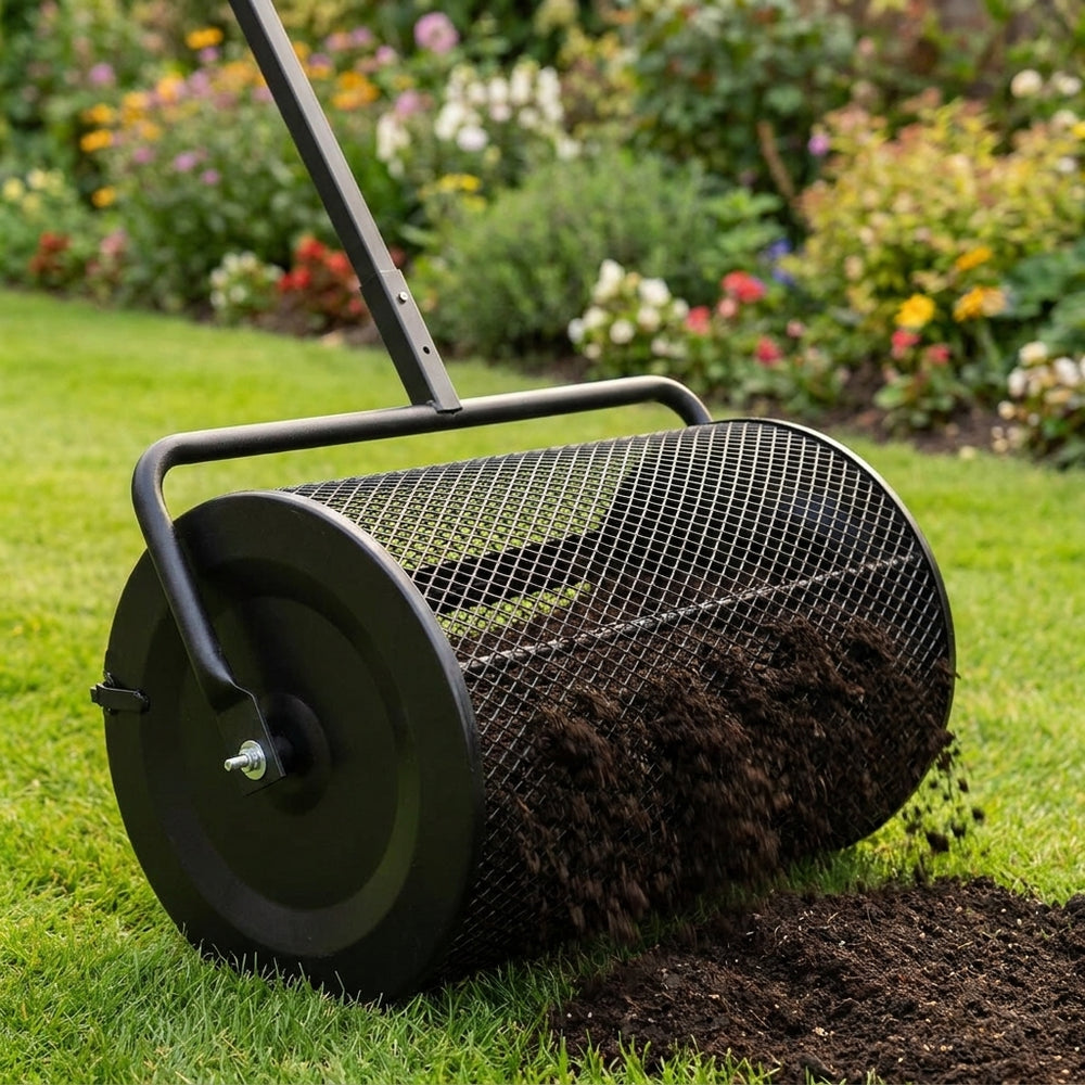 Black Compost and Peat Moss Spreader for Efficient Garden Use - detail view
