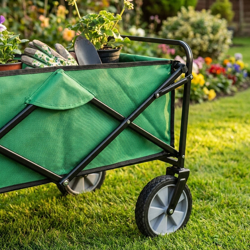 Green Foldable Garden Cart for Easy Outdoor Transport - detail view