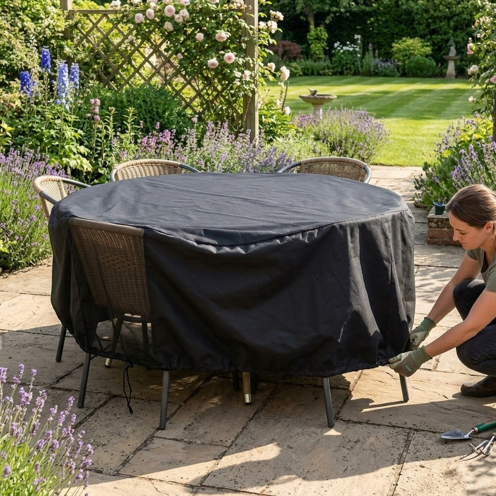 Round Furniture Set Cover – 4-6 Seater Black – Heavy Duty Protection – Garden Use