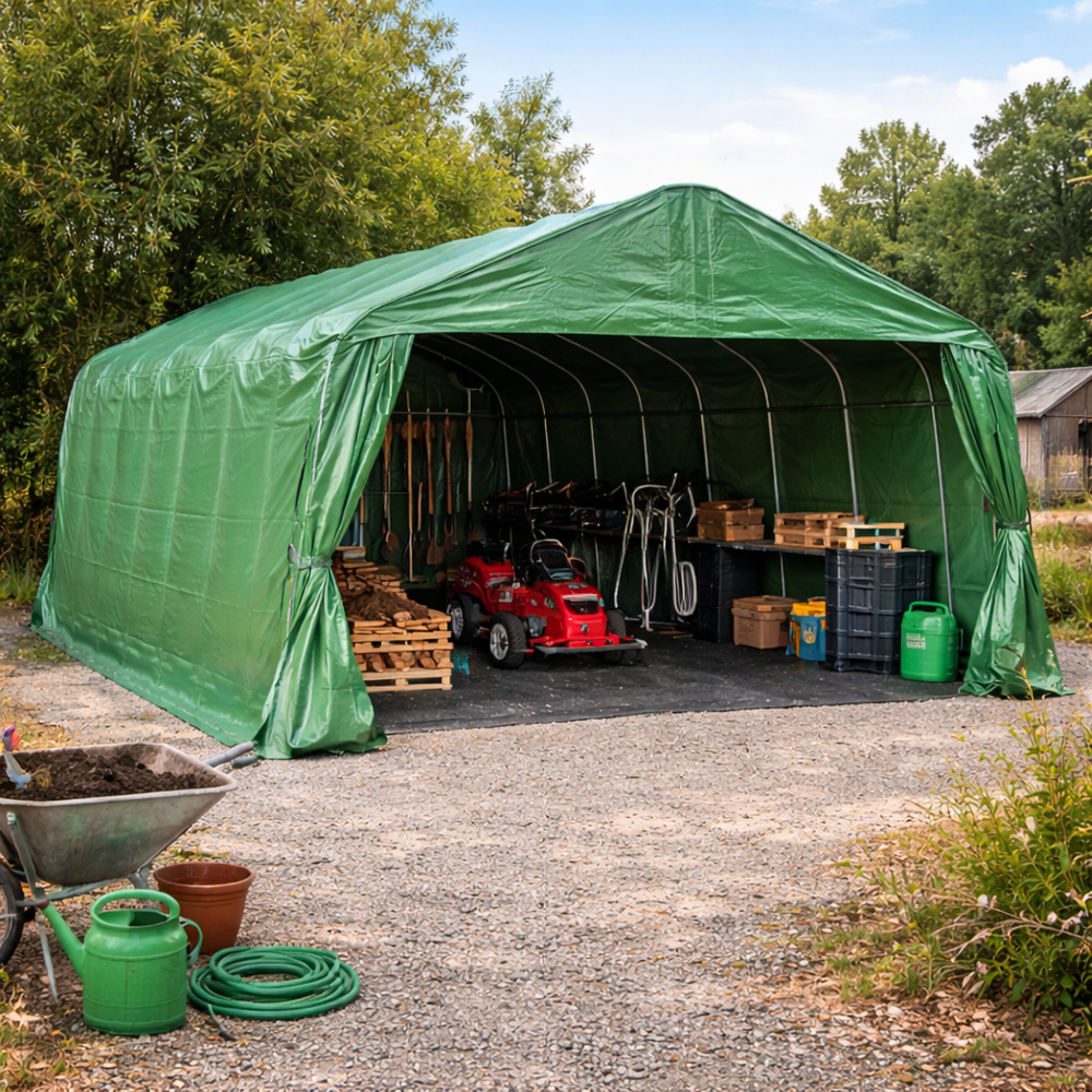 Green PVC Livestock Shelter 3.77x7.3x3.18m