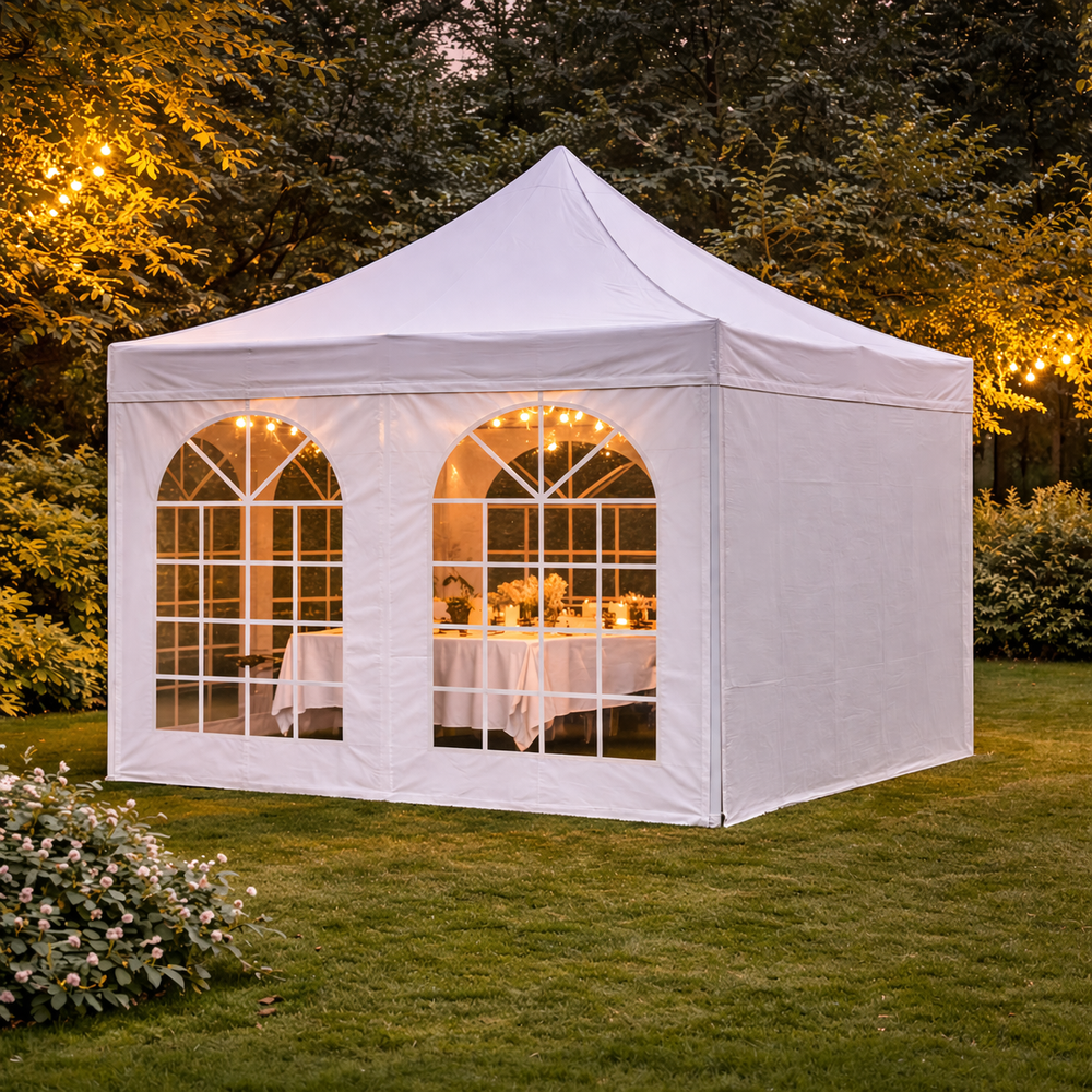 Heavy-Duty Commercial Grade Pop-Up Gazebo Vintage Style 3x3m White – Professional Event Shelter with 4 Sidewalls