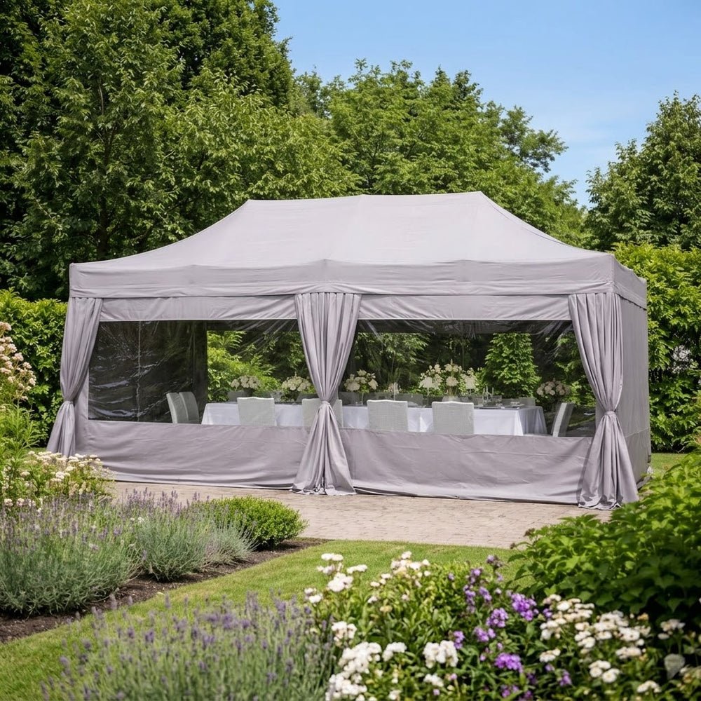 Professional 3x6m Classic Pop-Up Gazebo with 6 Sidewalls and Decorative Curtains - Latte