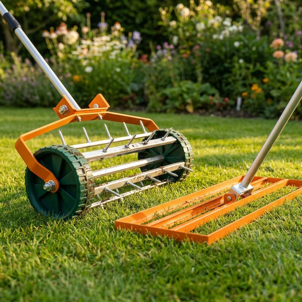 Lawn Leveller and Aerator in Orange, 100cm for Garden Maintenance - detail view
