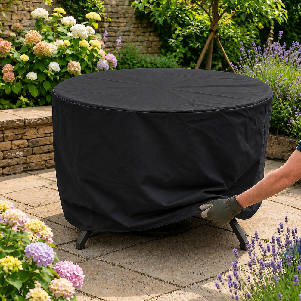 Circular Table Cover – 128cm Black – Heavy Duty PVC – Garden Furniture Protection