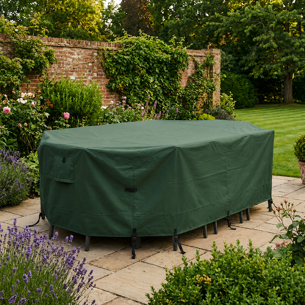 Rectangular Patio Set Cover – 8-10 Seat – Green Polyester – All-Weather Protection