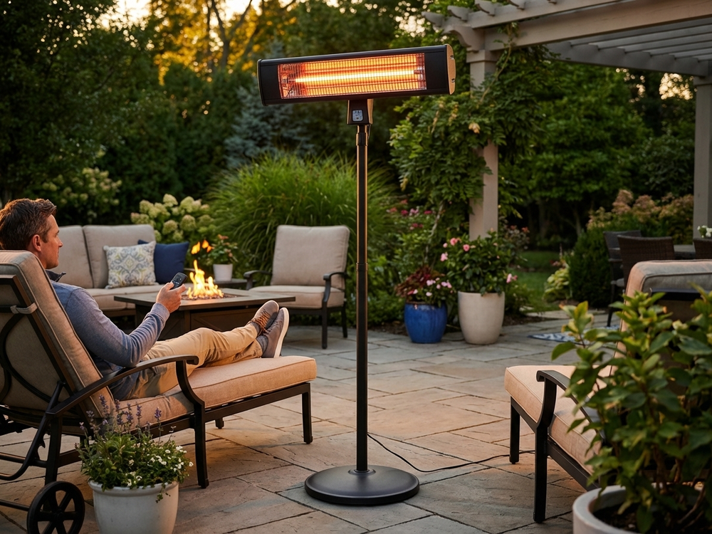 Black patio heater standing outdoors, offering warmth and style - view 3