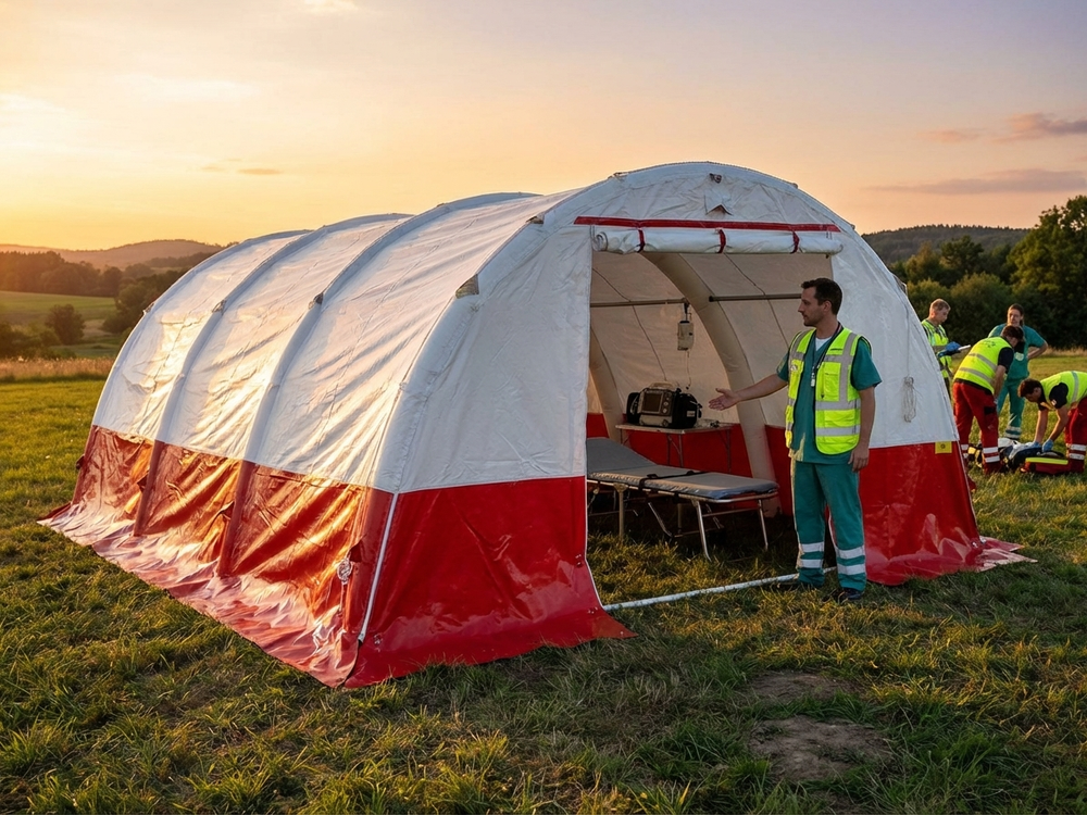 Inflatable medical tent, 5.5x4 m in White/Red, for emergencies